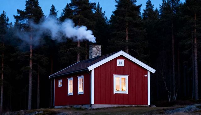 Cozy Red Scandinavian Cabin Glowing at Dusk with Chimney Smoke and Pine Forest Solitude