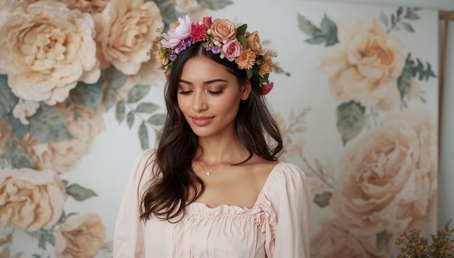 Elegant Woman with Floral Crown against Rose Mural