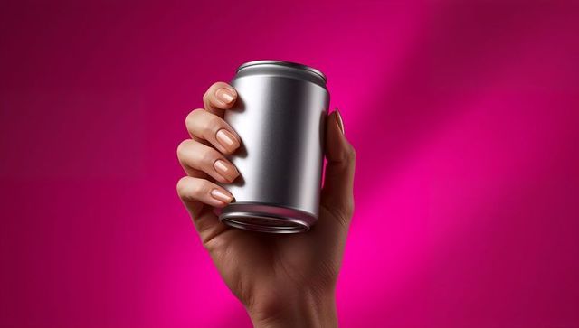 Female Hand Holding Blank Aluminum Can Against Magenta Background