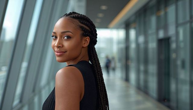 Confident Woman with Braids in Modern Corporate Corridor