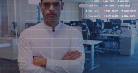 Businessman in Office Analyzing Stock Market Data on Virtual Display