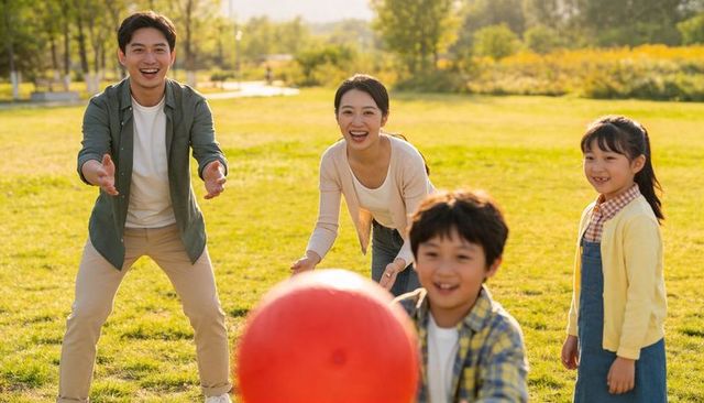 Happy asian family playing with giant red ball on sunny park lawn