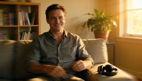 Smiling man relaxing on sofa basking in warm sunlight with headphones, plant, bookshelf