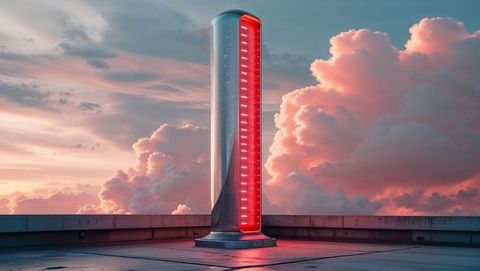 Futuristic red alert illuminated column at sunset on rooftop
