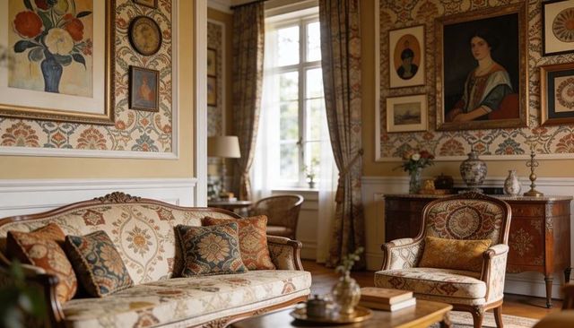 Ornate vintage parlor featuring carved wooden sofa, tapestry upholstery and antique decor