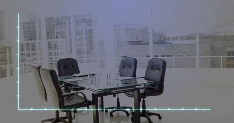 Glass conference table with black leather chairs and cyan graph overlay in sleek urban boardroom