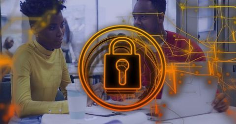 Cybersecurity Collaboration with Padlock Overlay in Modern Office