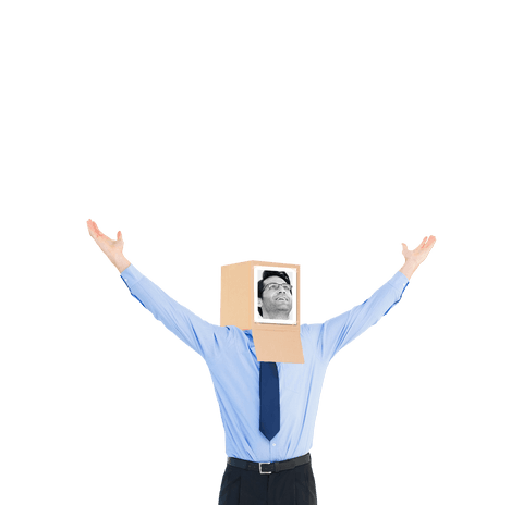 Man wearing cardboard box with transparent face cutout celebrating