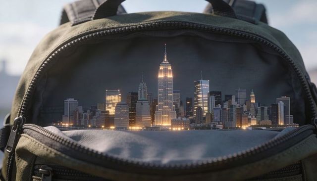 Miniature illuminated city skyline revealing inside olive green backpack at dusk