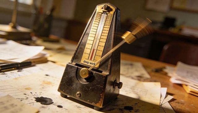 Vintage metronome swinging over ink-stained desk guiding deep work writing rhythm