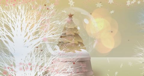 Magical Snow Globe with Golden Christmas Tree and Falling Snowflakes