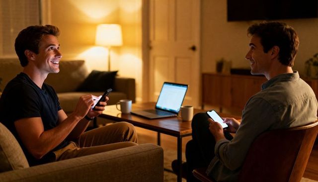 Two friends comparing smartphones and sharing content in cozy living room evening