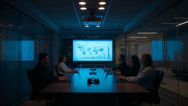 Boardroom team reviewing global data presentation on screen with laptops and projector