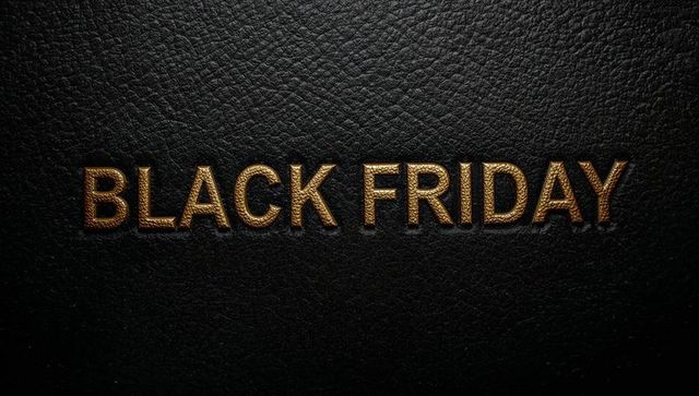 Black friday gold embossed typography on black pebbled leather, luxury sale banner