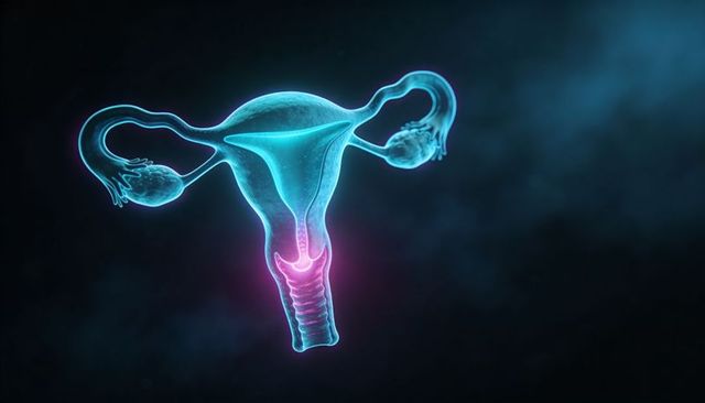 Neon glowing 3d uterus showing cervix, fallopian tubes and ovaries in cyan
