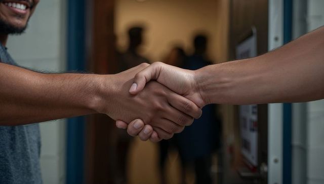 Shaking hands at doorway between two men greeting for business partnership closeup networking