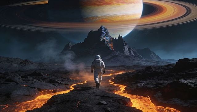 Astronaut walking across volcanic lava field toward majestic ringed gas giant horizon