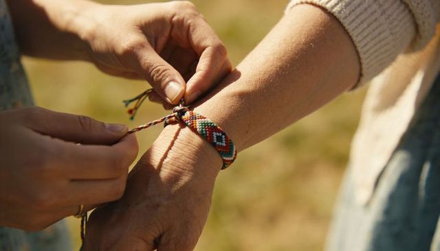 Tying colorful woven friendship bracelet on wrist in sunlit meadow close-up hands