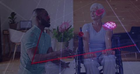 Caregiver assisting senior woman holding exercise bar in wheelchair with health overlay