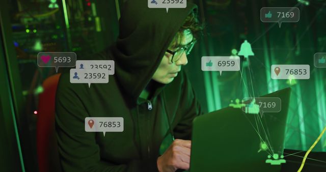 Depicts a hacker in a dark room wearing a hoodie, intently working on a laptop. Floating social media notifications symbolize cyber attacks or data breaches. Useful for illustrating concepts of cybersecurity, hacking, and data privacy awareness.