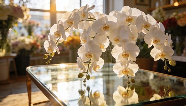 Glowing white phalaenopsis orchids arching over reflective glass table in warm sunlight
