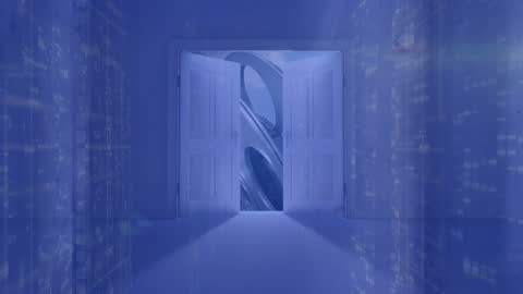 Futuristic Blue Theme Gateway with Virtual Data Overlay