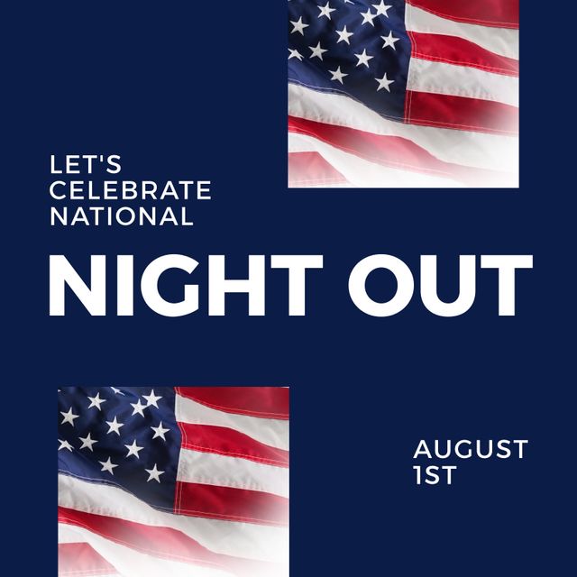 Poster template featuring a celebration of National Night Out on August 1st with American flag background. Ideal for promoting community events, unity, and patriotic activities. Perfect for use by community organizers, local governments, and social groups hosting National Night Out activities and events.