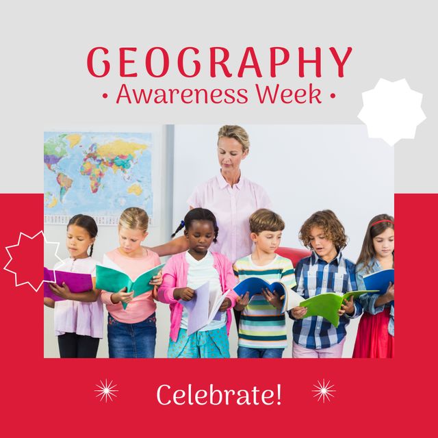 Image of geography awareness week over happy diverse female teacher and pupils with map. Geography, school and education concept.