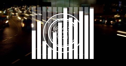 Digital Data Overlay on Night Cityscape with Blurred Lights