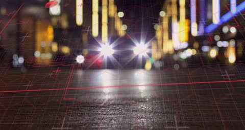 Digital Interface Overlay on Blurred Night Cityscape