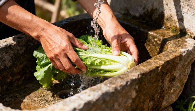 Hands rinsing napa cabbage under running water at rustic stone basin in sunlit garden