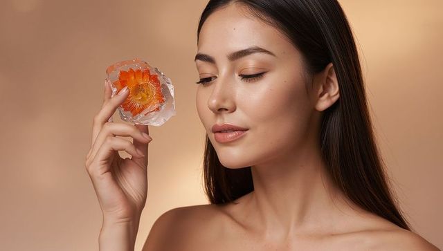 Minimal beauty portrait woman holding clear resin disc with embedded orange flower