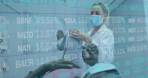 Medical Professional Administering Vaccine Amid Stock Data Overlay