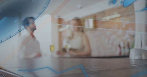 Two men chatting at rustic bar with wooden tabletop and blue digital overlay