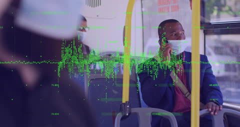 Masked Commuters With Overlay of Financial Data Visualization