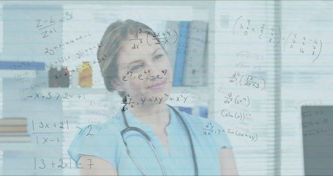 Doctor solving equations in clinical office showing innovation