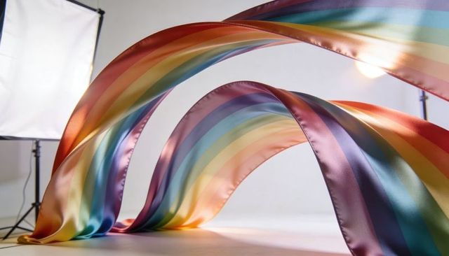 Flowing rainbow satin ribbons arching under studio lights, glossy multicolor silk motion