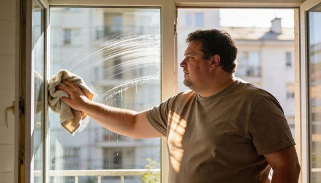 Man cleaning balcony glass with cloth in sunlit urban apartment, streaks and shadows