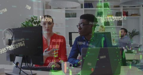 Finance team analyzing data and stocks in modern office