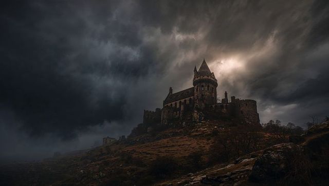 Stormy castle on rocky heights with dramatic sky