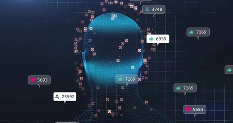 Floating Digital Mesh Head with Social Media Indicators