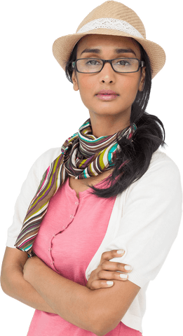 Stylish young woman with scarf & hat on transparent background