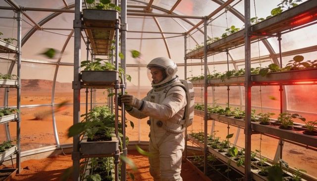 Astronaut tending hydroponic crops inside mars greenhouse dome under red desert sky with led grow li