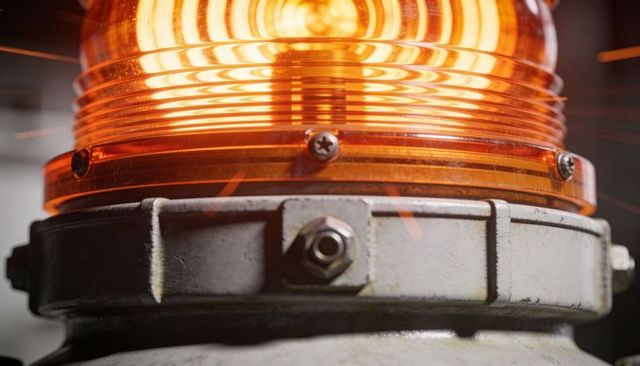 Amber rotating industrial beacon lens on weathered metal flange with hex nut detail