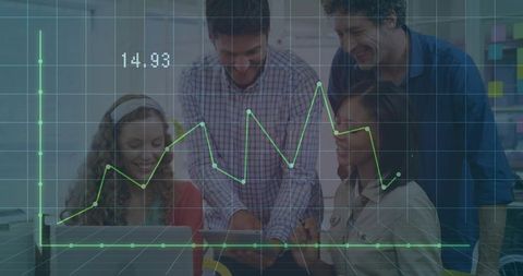 Team analyzing data with innovative graph overlay in modern office