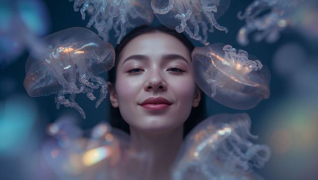 Serene woman gazing among bioluminescent jellyfish — ethereal underwater portrait