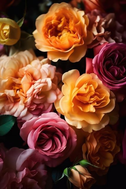 Roses in shades of orange, pink, and yellow create vibrant display of nature's beauty. Perfect for use in floral-themed projects, marketing materials for flower shops, or designs requiring elegant close-ups of flowers. Can also enhance web design, ads, and greeting cards with a touch of natural sophistication and vivid color.