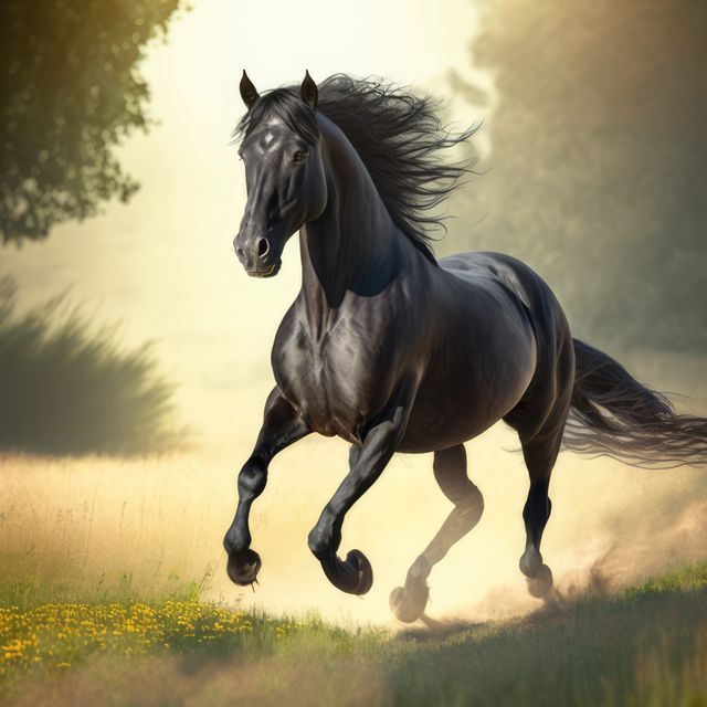 Majestic black stallion galloping through sunlit field, showcasing power and elegance. Ideal for use in equestrian contexts, nature-related themes, emphasizing freedom, strength, and beauty in natural settings.