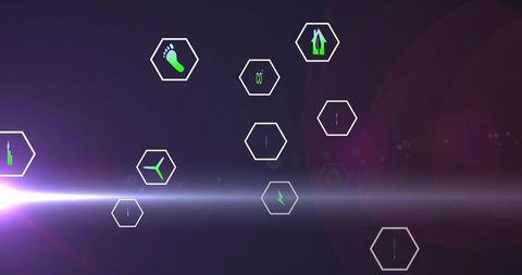 Floating neon hex interface featuring green eco icons and holographic futuristic lens flare