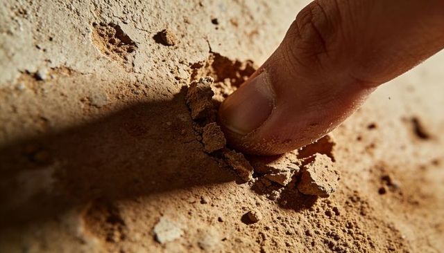Finger pressing crumbly dry soil close up macro, drought texture and land degradation